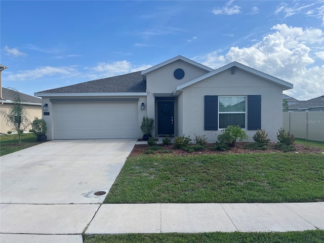 single story home with a garage and a front lawn