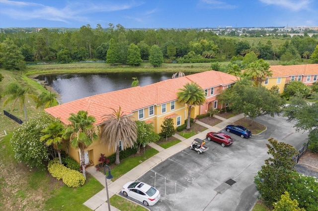 aerial view featuring a water view