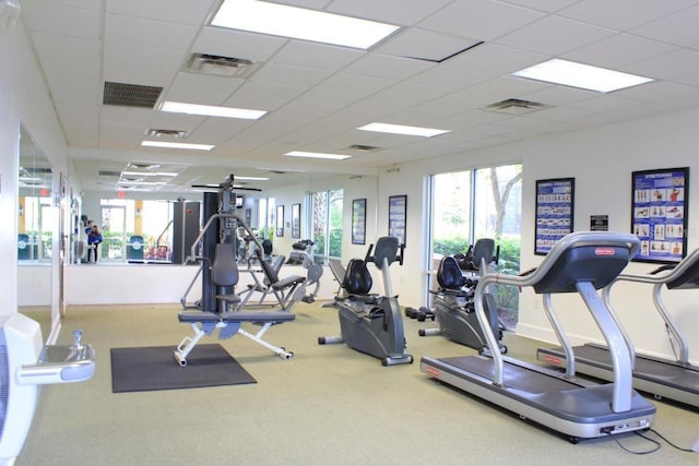 exercise room with a paneled ceiling and carpet floors