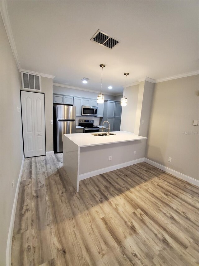 kitchen with hanging light fixtures, light wood-type flooring, appliances with stainless steel finishes, kitchen peninsula, and sink