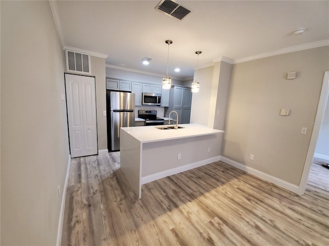 kitchen with light hardwood / wood-style floors, kitchen peninsula, hanging light fixtures, appliances with stainless steel finishes, and sink