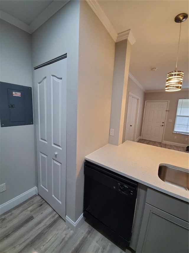 kitchen with pendant lighting, dishwasher, sink, gray cabinetry, and electric panel