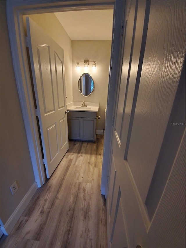 bathroom featuring vanity and hardwood / wood-style floors