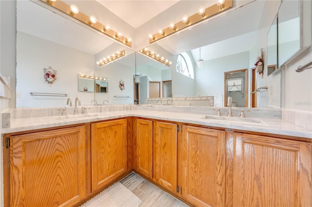 bathroom featuring wood finished floors, a sink, and double vanity