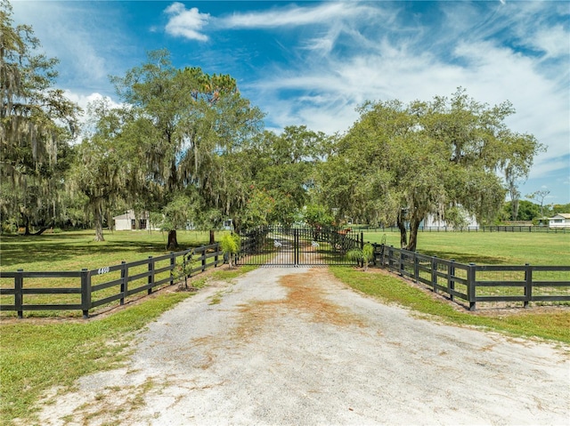 view of street featuring a gate, a rural view, a gated entry, and dirt driveway