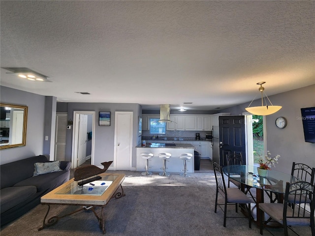 carpeted living room with a textured ceiling