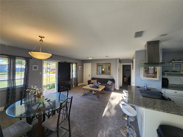 dining space with carpet and a textured ceiling