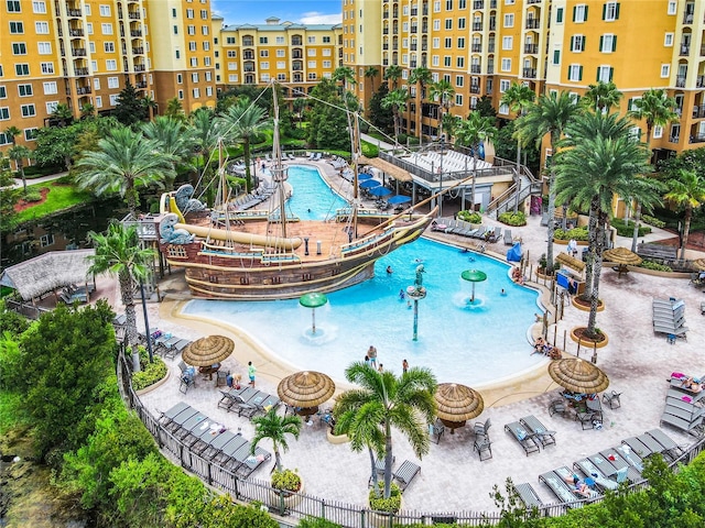 view of swimming pool with a patio