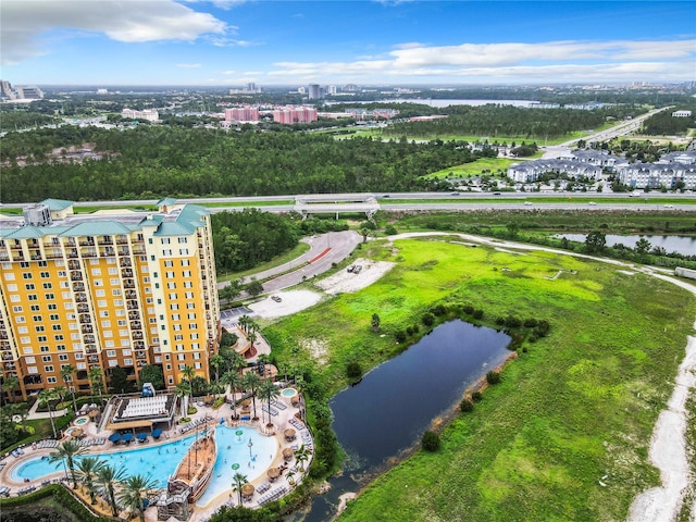 drone / aerial view with a water view