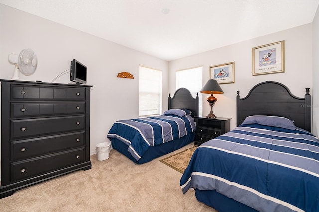 bedroom with light colored carpet