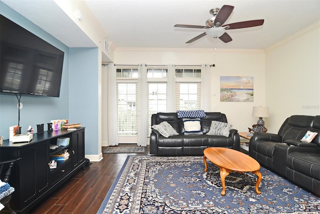 living room featuring crown molding, ceiling fan, and dark hardwood / wood-style floors