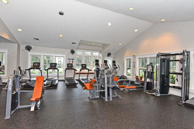 workout area with a textured ceiling and vaulted ceiling