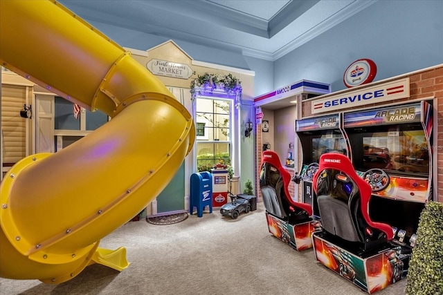 playroom with ornamental molding and carpet flooring