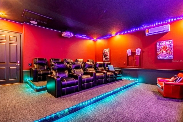 carpeted home theater with a wall mounted air conditioner