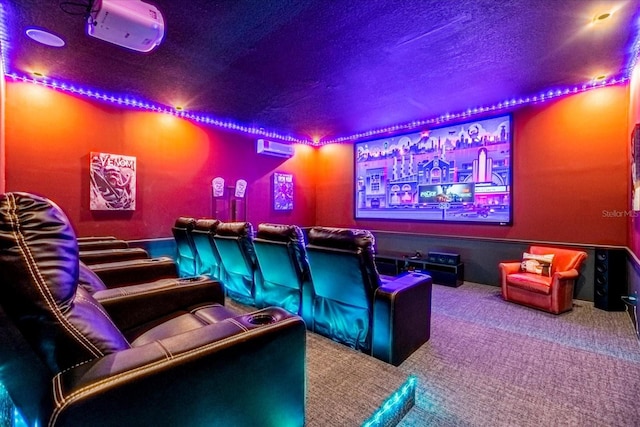 home theater with a wall unit AC and carpet