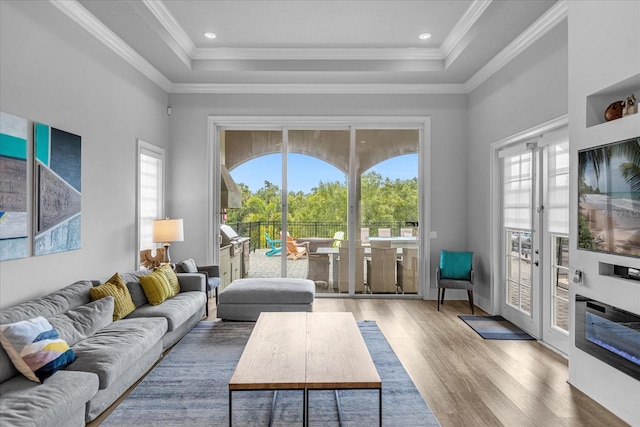 living room with ornamental molding, plenty of natural light, a tray ceiling, and hardwood / wood-style floors