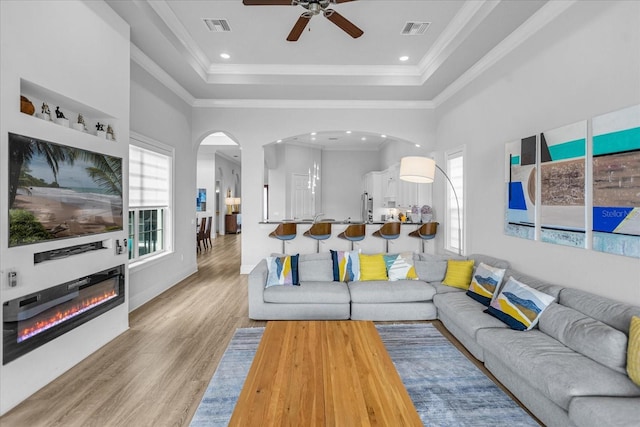 living room with ornamental molding, a healthy amount of sunlight, and a tray ceiling