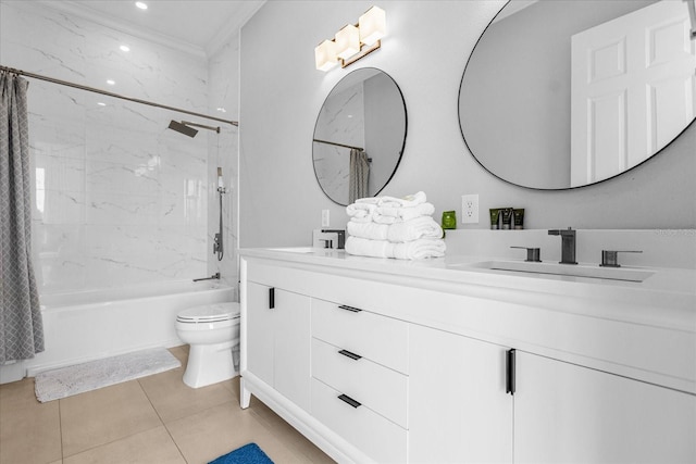 full bathroom featuring tile patterned floors, toilet, crown molding, vanity, and shower / bath combo with shower curtain