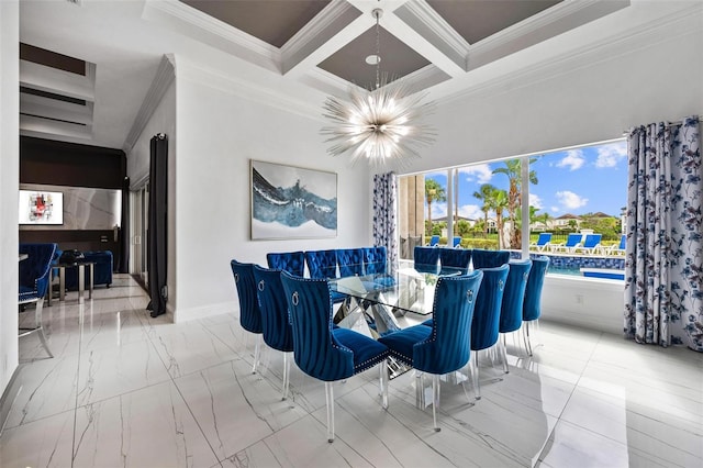 dining space with an inviting chandelier, ornamental molding, beam ceiling, and coffered ceiling