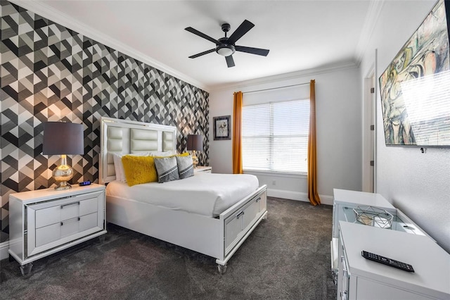 carpeted bedroom with ceiling fan and crown molding