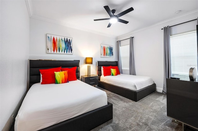 bedroom with multiple windows, ceiling fan, and crown molding