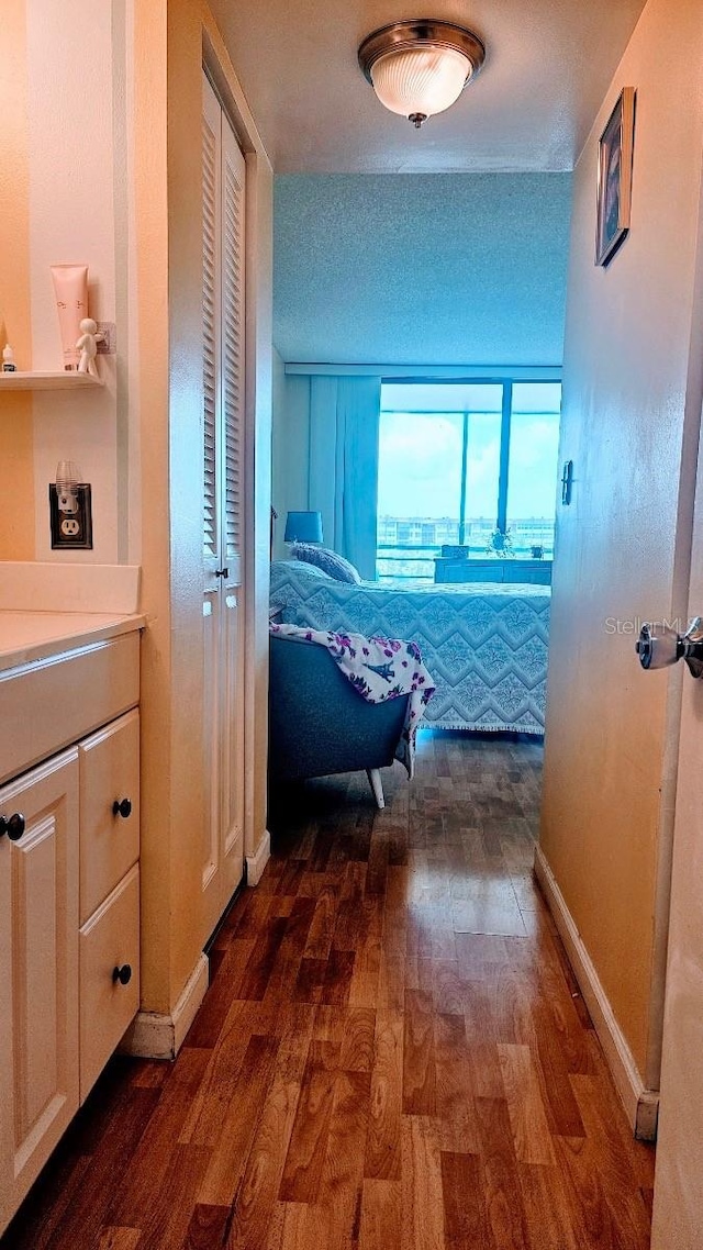 hallway with dark hardwood / wood-style flooring