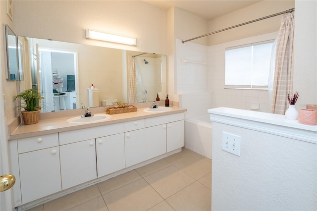 bathroom with tile patterned flooring, vanity, and shower / bath combo