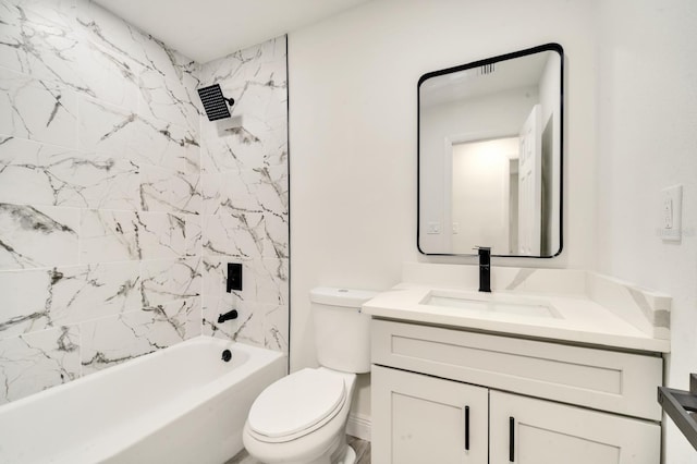 full bathroom with tiled shower / bath combo, vanity, and toilet