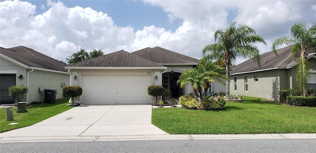 ranch-style house with a garage and a front yard