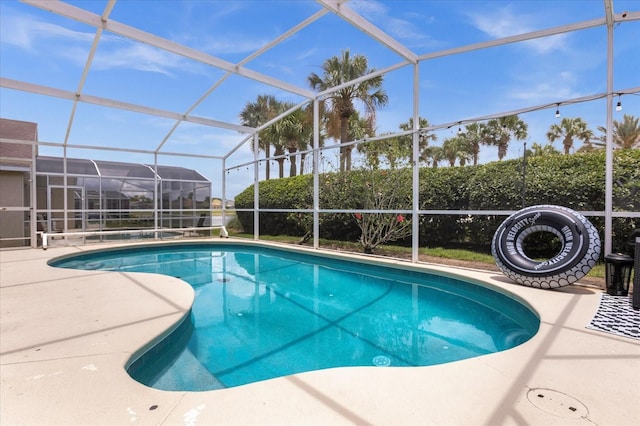 view of pool with a patio area and glass enclosure