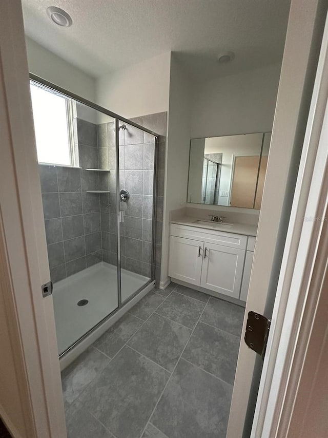 bathroom featuring vanity and a shower with door