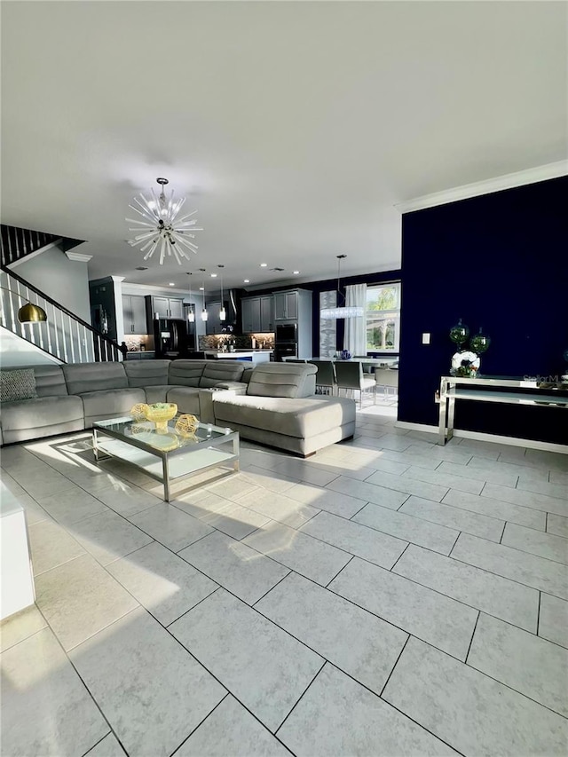 living room featuring light tile patterned flooring and an inviting chandelier