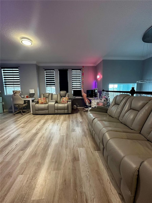 living room with hardwood / wood-style floors, ornamental molding, and a textured ceiling