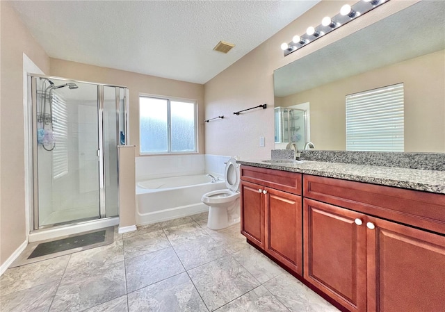 full bathroom with a textured ceiling, vanity, toilet, and plus walk in shower