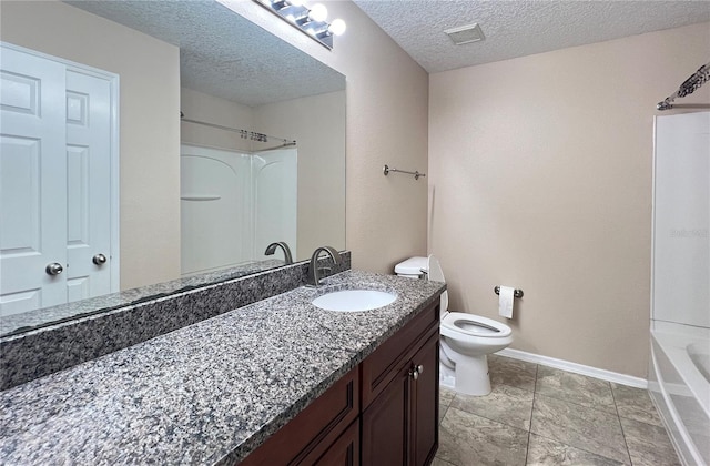 full bathroom featuring shower / tub combination, vanity, toilet, and a textured ceiling