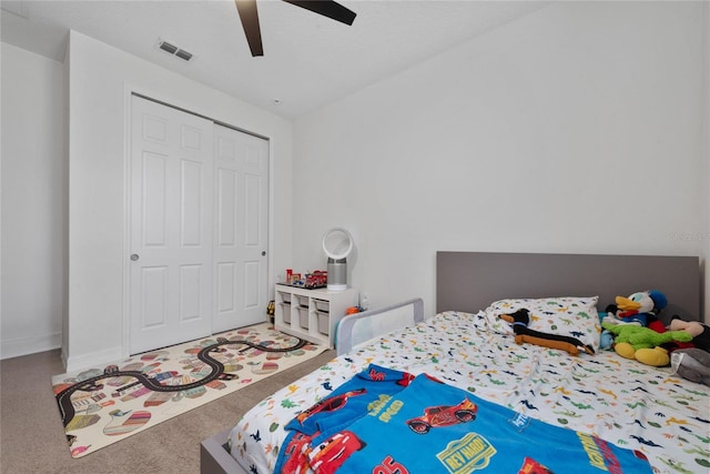 bedroom featuring a closet, carpet floors, and ceiling fan