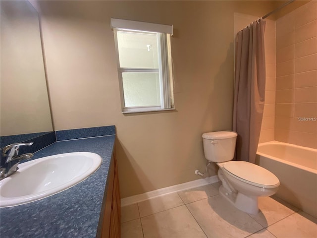 full bathroom featuring vanity with extensive cabinet space, shower / bath combination with curtain, toilet, and tile floors