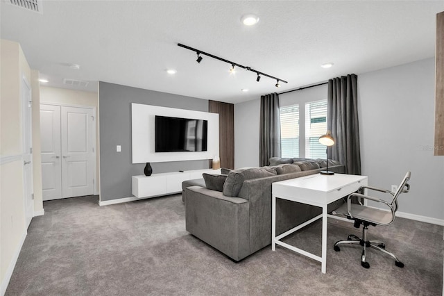 living room featuring rail lighting, a textured ceiling, and carpet