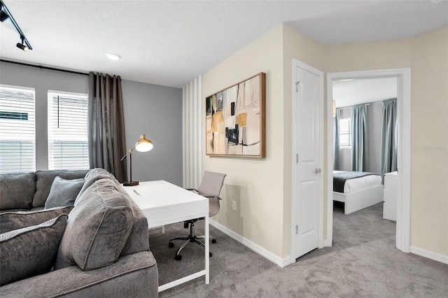 office space featuring light colored carpet and a textured ceiling