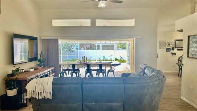 living room with ceiling fan, hardwood / wood-style floors, and a wealth of natural light