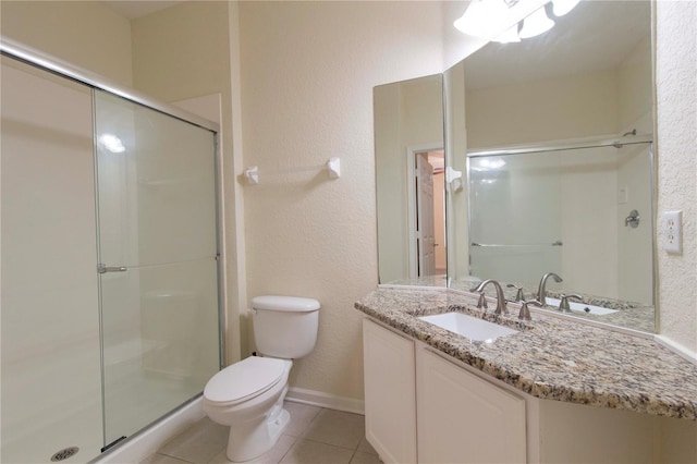 bathroom with tile patterned floors, vanity, toilet, and an enclosed shower