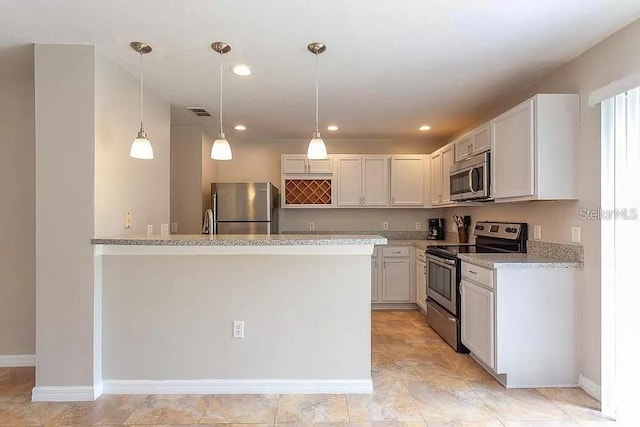 kitchen with stainless steel appliances, white cabinets, kitchen peninsula, pendant lighting, and light tile flooring