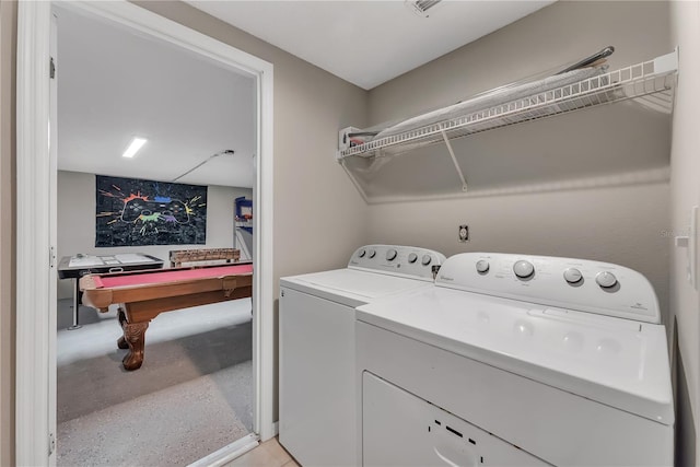 laundry room with washer and dryer and billiards