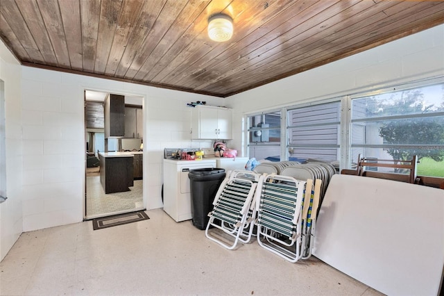 kitchen featuring light countertops, light floors, wooden ceiling, and white cabinetry