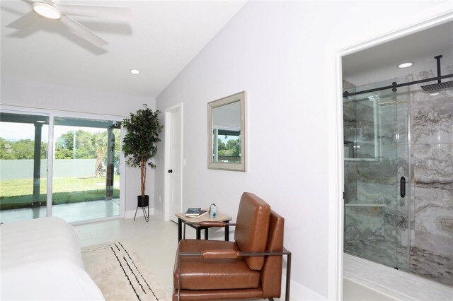 bedroom with lofted ceiling, access to outside, and ceiling fan