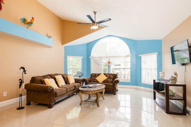 living room with vaulted ceiling, ceiling fan, and light tile floors