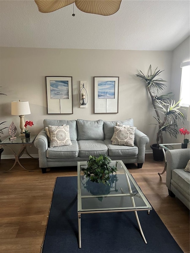 living room featuring dark hardwood / wood-style flooring and a textured ceiling