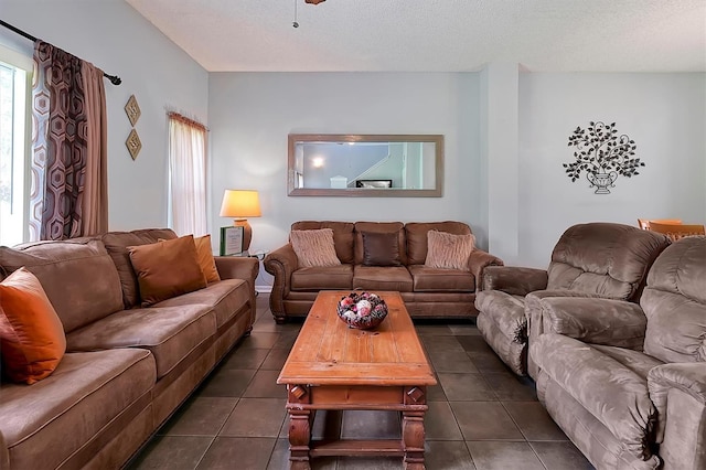 living room featuring dark tile patterned floors and a textured ceiling