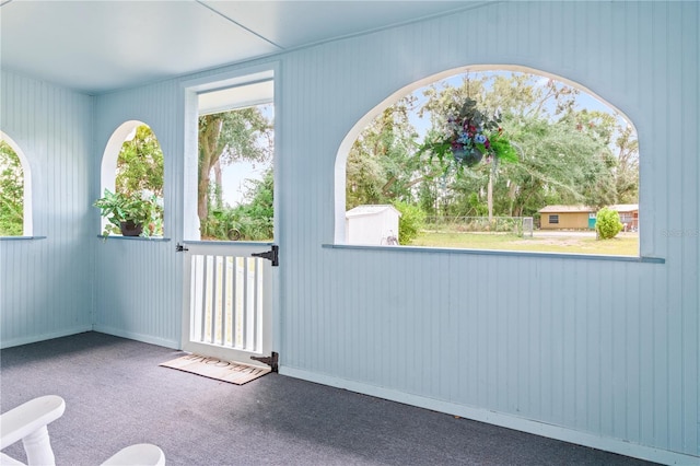 doorway with carpet floors