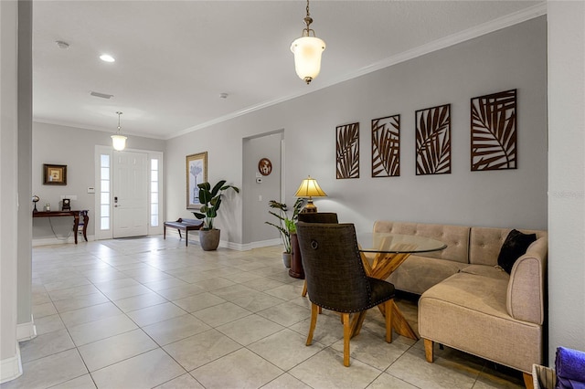 tiled living room with ornamental molding